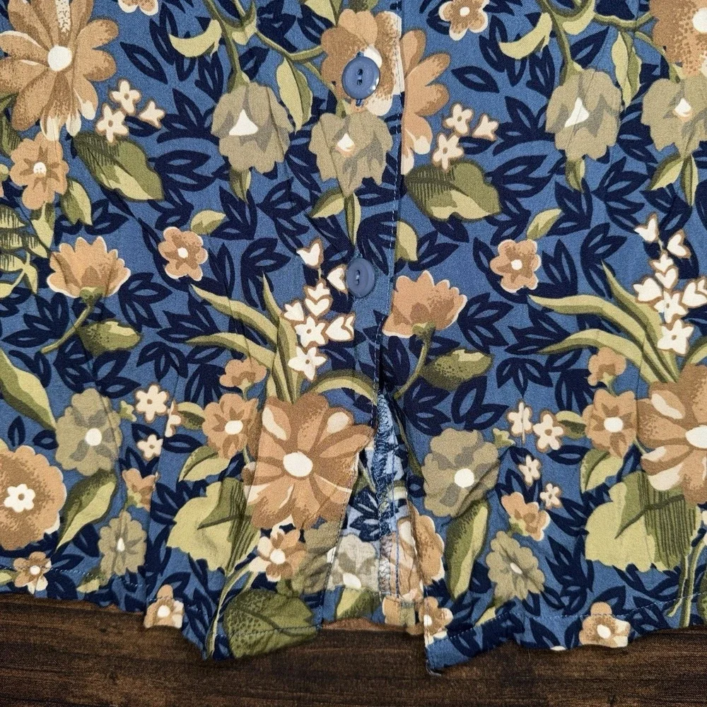 Vintage Sag Harbor Petite Midi Skirt Large Navy Blue Floral Button Front Rayon